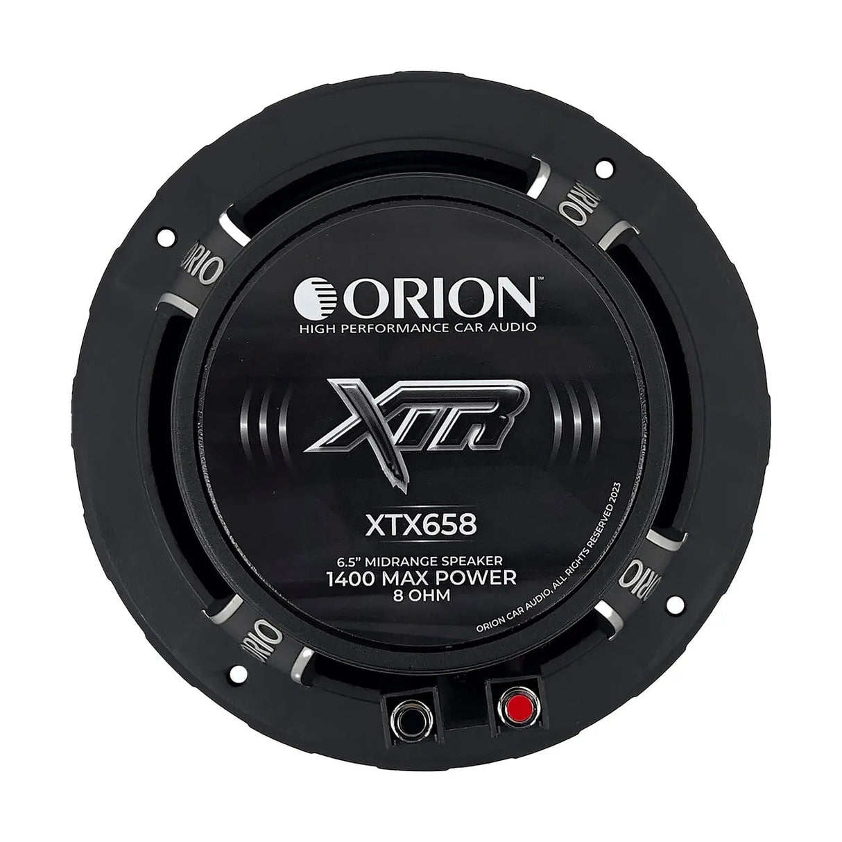 Rear view of the Orion XTX658 6.5-inch 8-ohm midrange speaker, highlighting the large ferrite magnet and vented backplate for improved heat dissipation. The cast aluminum frame and gold-plated speaker terminals are visible, designed for secure, high-conductivity connections. The back label includes key specs and branding details. This image is perfect for displaying the technical build quality on LibertyBassShop.com.