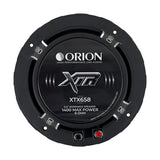 Rear view of the Orion XTX658 6.5-inch 8-ohm midrange speaker, highlighting the large ferrite magnet and vented backplate for improved heat dissipation. The cast aluminum frame and gold-plated speaker terminals are visible, designed for secure, high-conductivity connections. The back label includes key specs and branding details. This image is perfect for displaying the technical build quality on LibertyBassShop.com.