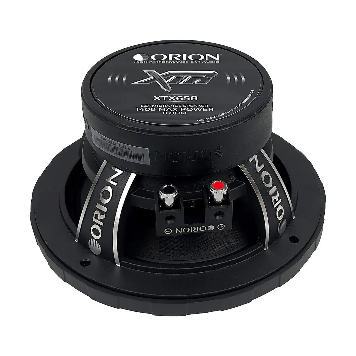 Top-down view of the Orion XTX658 6.5-inch 8-ohm midrange speaker, clearly displaying the symmetrical black cone and silver bullet phase plug centered within a thick, embossed rubber surround. The ORION branding is visible along the outer edge, with the speaker’s circular form and mounting holes evenly spaced around the frame. Cleanly presented on a white background, ideal for showcasing design symmetry and branding on LibertyBassShop.com.