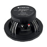 Top-down view of the Orion XTX658 6.5-inch 8-ohm midrange speaker, clearly displaying the symmetrical black cone and silver bullet phase plug centered within a thick, embossed rubber surround. The ORION branding is visible along the outer edge, with the speaker’s circular form and mounting holes evenly spaced around the frame. Cleanly presented on a white background, ideal for showcasing design symmetry and branding on LibertyBassShop.com.