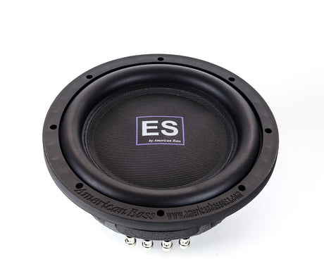 An American Bass ES 10" black subwoofer with a slim design, featuring a front-firing port and the American Bass logo on the side.