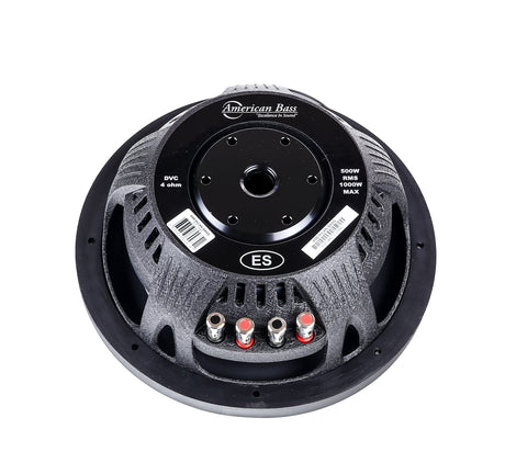 An American Bass ES 10" black subwoofer with a slim design, featuring a front-firing port and the American Bass logo on the side.