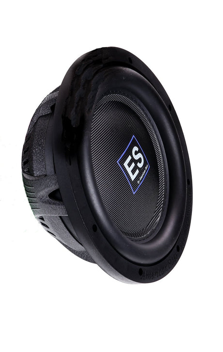 An American Bass ES 10" black subwoofer with a slim design, featuring a front-firing port and the American Bass logo on the side.