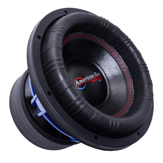 Black car subwoofer with 'American Bass' branding on a white background
