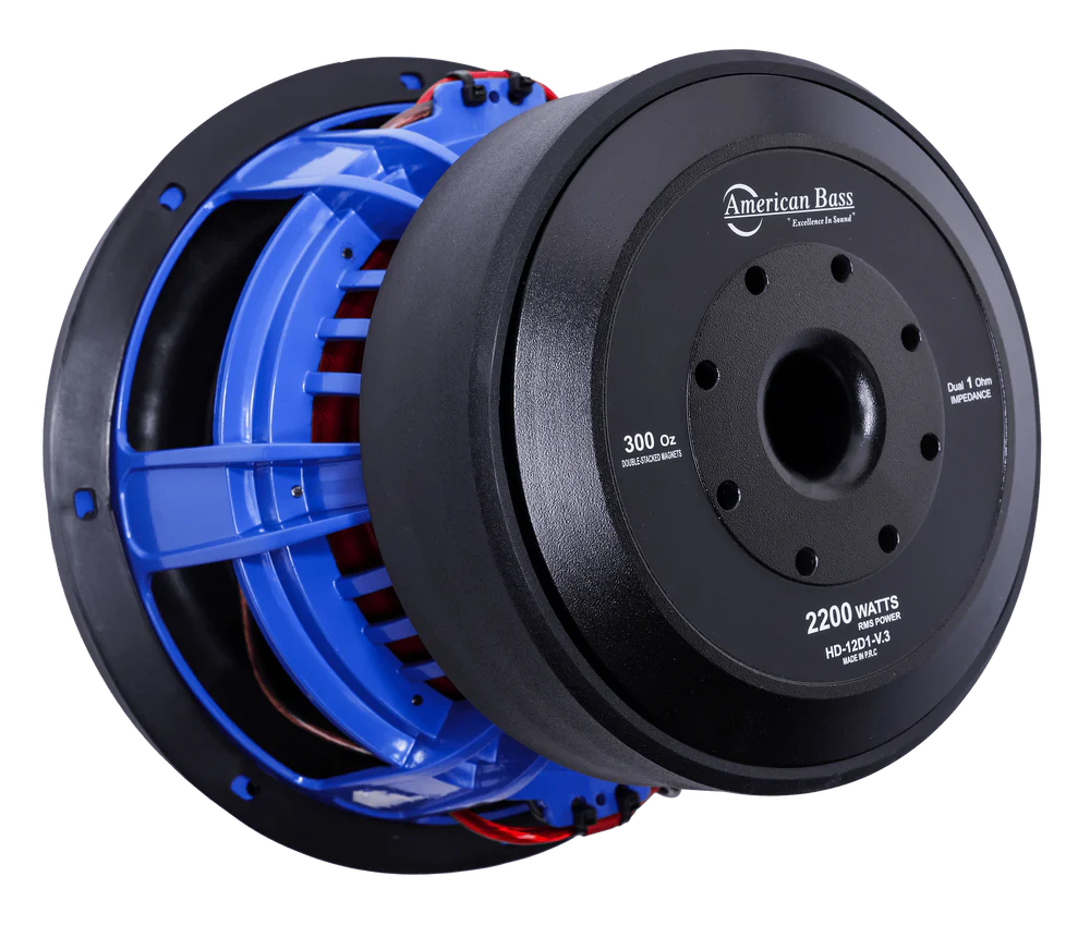 Car subwoofer with blue basket and black Magnet on a white background