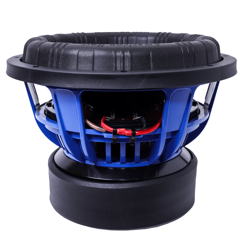 Car subwoofer with a blue Basket and a black surround on a white background