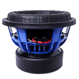 Car subwoofer with a blue Basket and a black surround on a white background