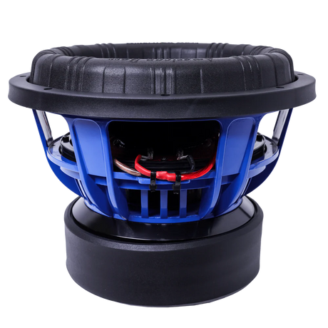 Car subwoofer with a blue Basket and a black surround on a white background