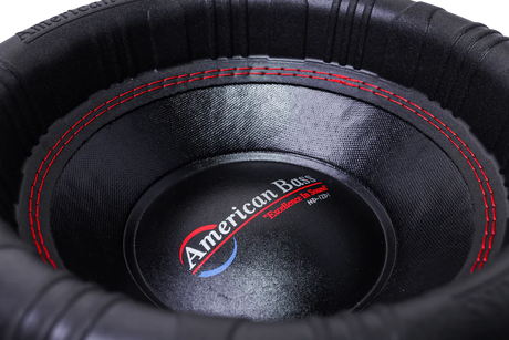 Close-up of the 'American Bass' HD subwoofer. 