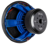 An American Bass HD 18" Subwoofer with a black basket and blue voice coil.