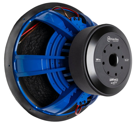 An American Bass HD 18" Subwoofer with a black basket and blue voice coil.