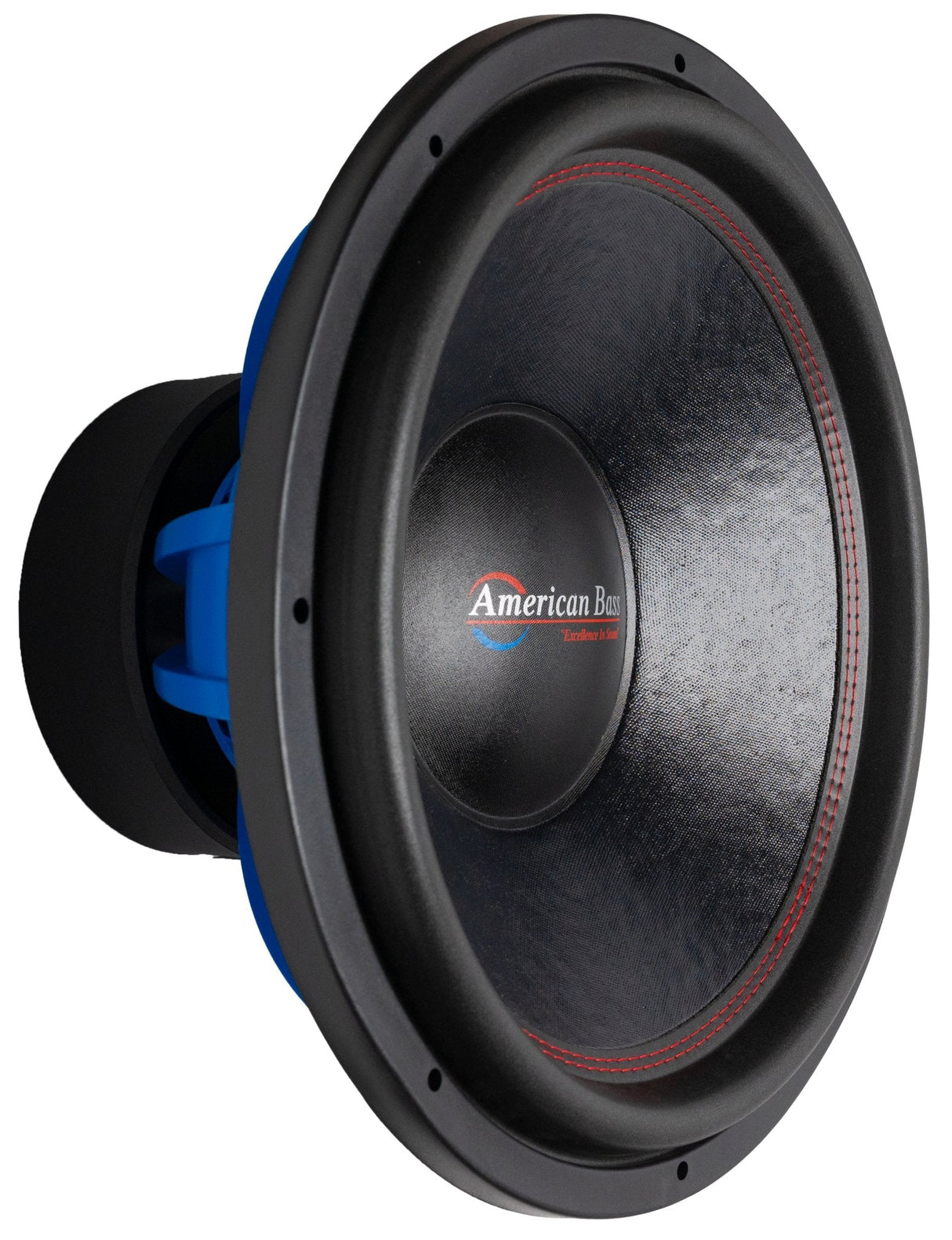 An American Bass HD 18" Subwoofer with a black basket and blue voice coil.