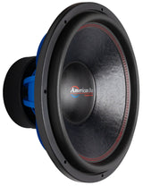 An American Bass HD 18" Subwoofer with a black basket and blue voice coil.