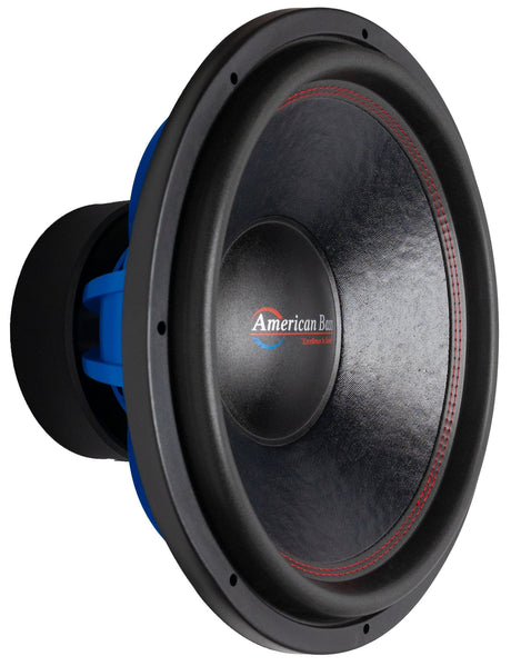 An American Bass HD 18" Subwoofer with a black basket and blue voice coil.
