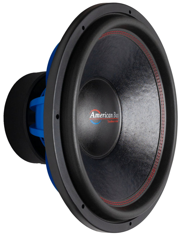 An American Bass HD 18" Subwoofer with a black basket and blue voice coil.