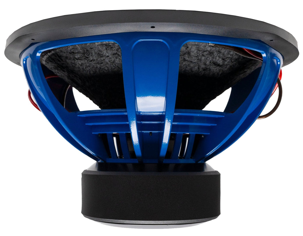 An American Bass HD 18" Subwoofer with a black basket and blue voice coil.