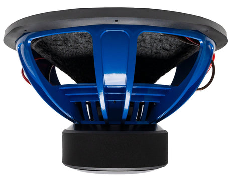 An American Bass HD 18" Subwoofer with a black basket and blue voice coil.