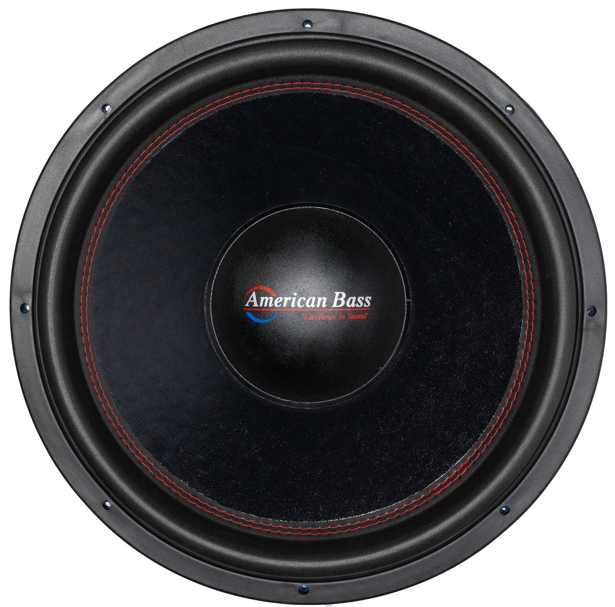 An American Bass HD 18" Subwoofer with a black basket and blue voice coil.