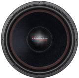 An American Bass HD 18" Subwoofer with a black basket and blue voice coil.