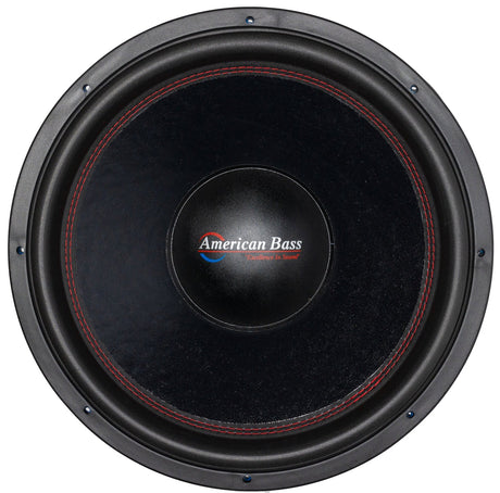An American Bass HD 18" Subwoofer with a black basket and blue voice coil.