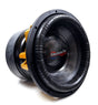 An American Bass King 15 inch subwoofer with a black and yellow voice coil, carbon cone, and a black anodized cooling system.