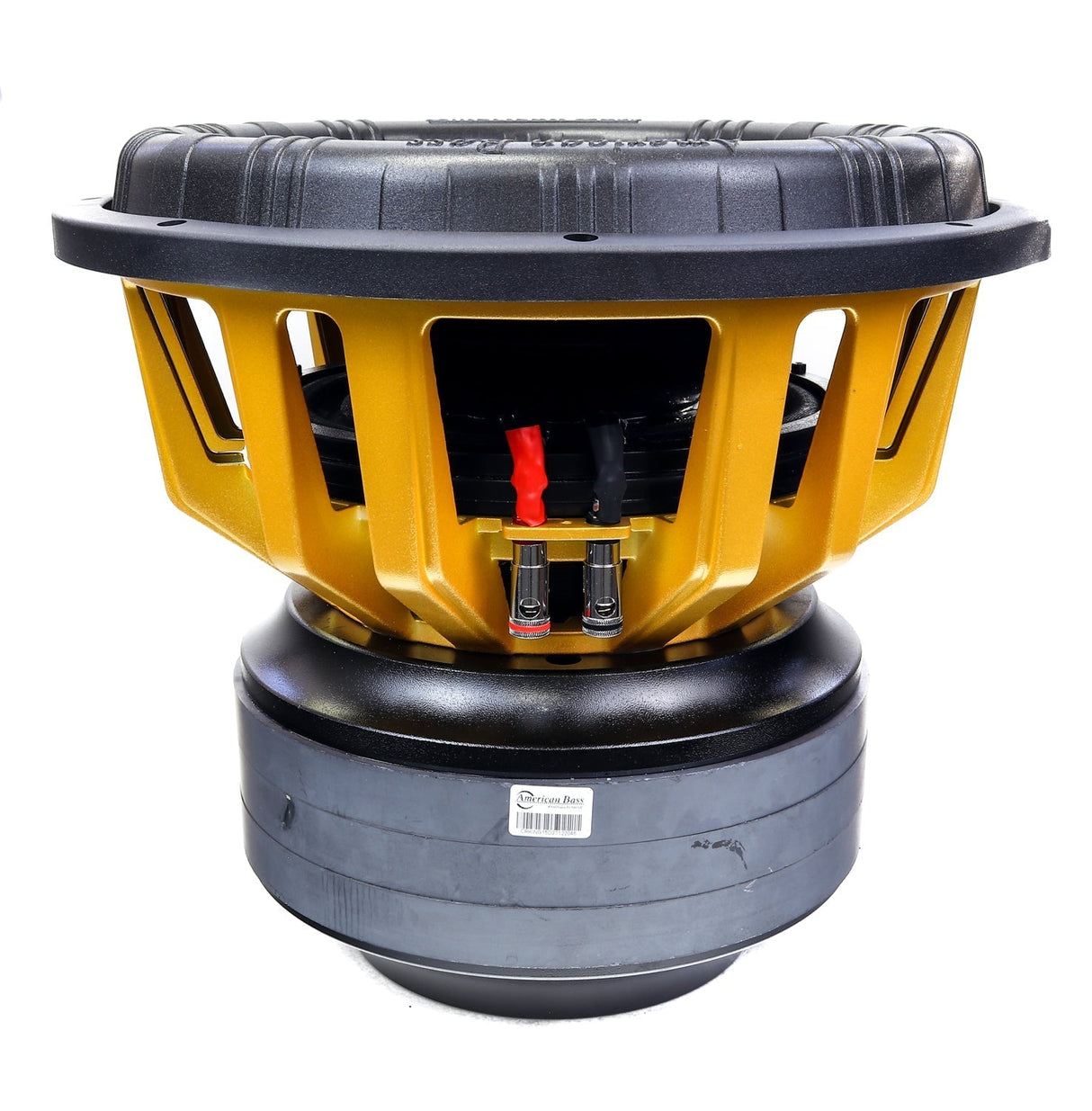 An American Bass King 15 inch subwoofer with a black and yellow voice coil, carbon cone, and a black anodized cooling system.