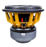 An American Bass King 15 inch subwoofer with a black and yellow voice coil, carbon cone, and a black anodized cooling system.