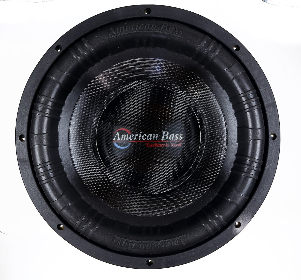 An American Bass King 15 inch subwoofer with a black and yellow voice coil, carbon cone, and a black anodized cooling system.