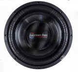 An American Bass King 15 inch subwoofer with a black and yellow voice coil, carbon cone, and a black anodized cooling system.