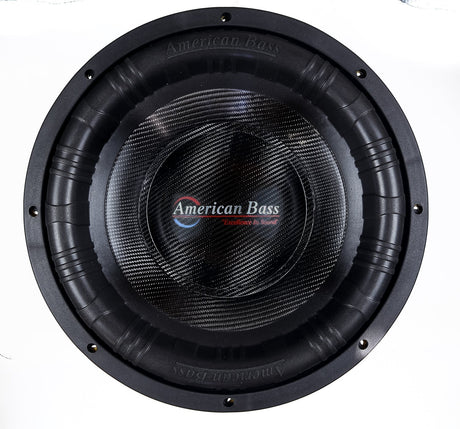 An American Bass King 15 inch subwoofer with a black and yellow voice coil, carbon cone, and a black anodized cooling system.