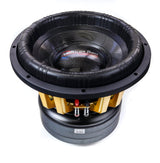 An American Bass King 15 inch subwoofer with a black and yellow voice coil, carbon cone, and a black anodized cooling system.