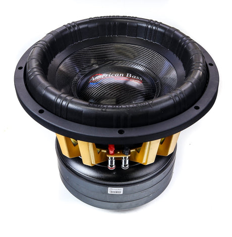 An American Bass King 15 inch subwoofer with a black and yellow voice coil, carbon cone, and a black anodized cooling system.