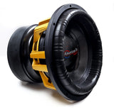 An American Bass King 15 inch subwoofer with a black and yellow voice coil, carbon cone, and a black anodized cooling system.