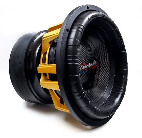 An American Bass King 15 inch subwoofer with a black and yellow voice coil, carbon cone, and a black anodized cooling system.