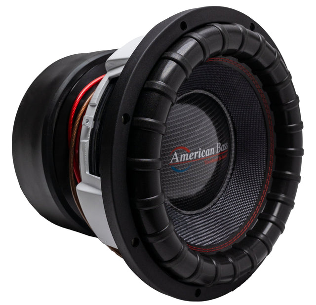 American Bass VFL Comp Signature 12-inch subwoofer, black with a carbon fiber paperback cone and red and white brand logo in the center.