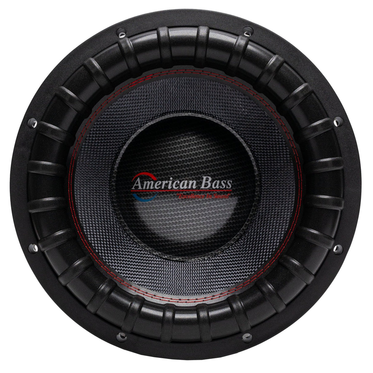 American Bass VFL Comp Signature 12-inch subwoofer, black with a carbon fiber paperback cone and red and white brand logo in the center.
