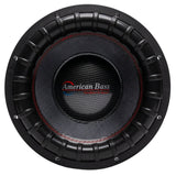 American Bass VFL Comp Signature 12-inch subwoofer, black with a carbon fiber paperback cone and red and white brand logo in the center.