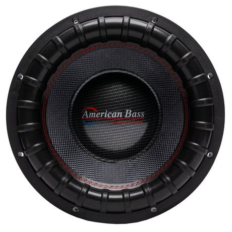 American Bass VFL Comp Signature 12-inch subwoofer, black with a carbon fiber paperback cone and red and white brand logo in the center.