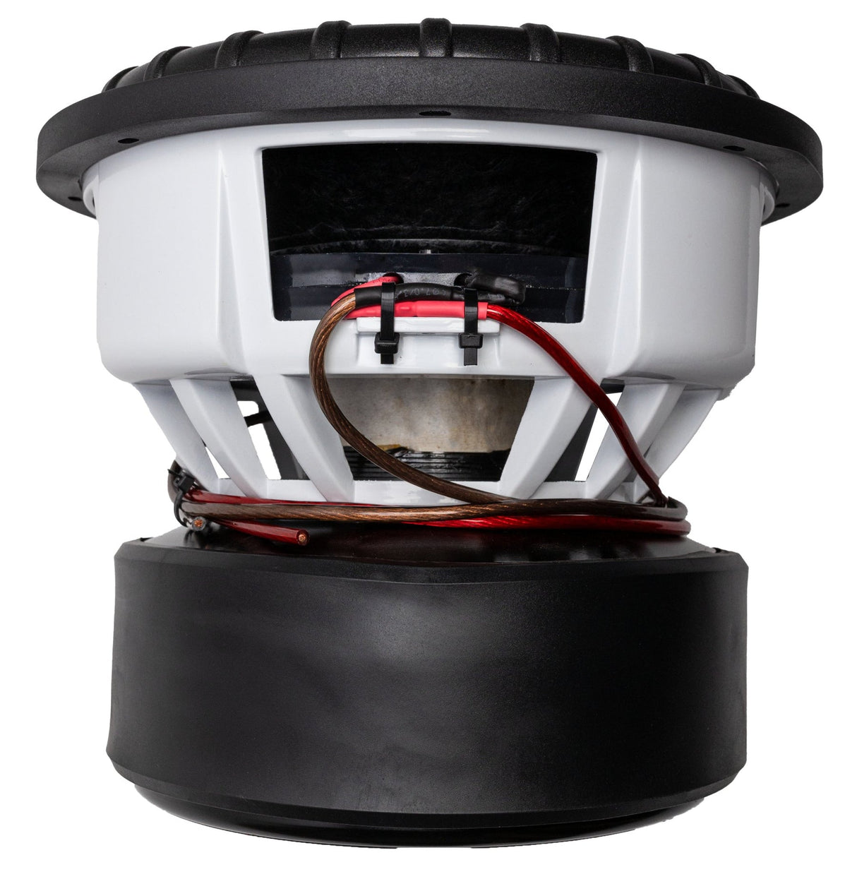 American Bass VFL Comp Signature 12-inch subwoofer, black with a carbon fiber paperback cone and red and white brand logo in the center.