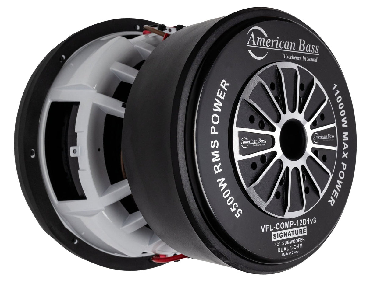 American Bass VFL Comp Signature 12-inch subwoofer, black with a carbon fiber paperback cone and red and white brand logo in the center.