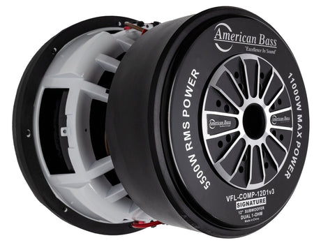 American Bass VFL Comp Signature 12-inch subwoofer, black with a carbon fiber paperback cone and red and white brand logo in the center.