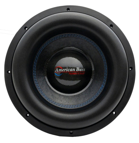 An American Bass XMAXXX Monster 12" subwoofer with a black basket and blue stitching.