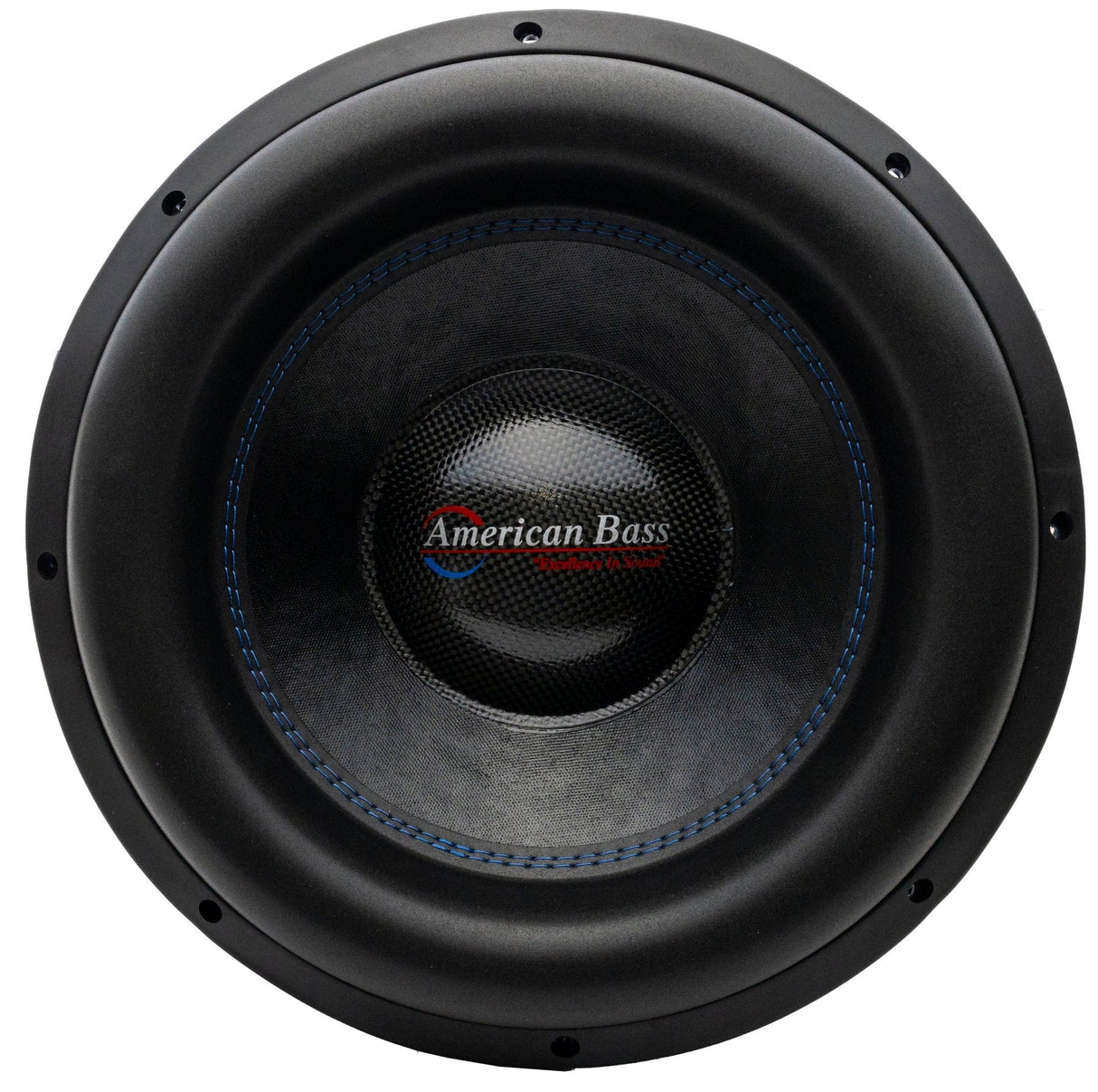 An American Bass XMAXXX Monster 15" subwoofer with a black basket and blue stitching.