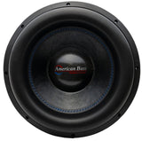 An American Bass XMAXXX Monster 15" subwoofer with a black basket and blue stitching.
