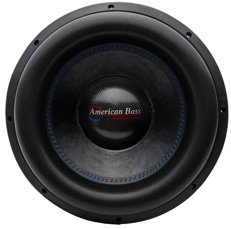 An American Bass XMAXXX Monster 15" subwoofer with a black basket and blue stitching.