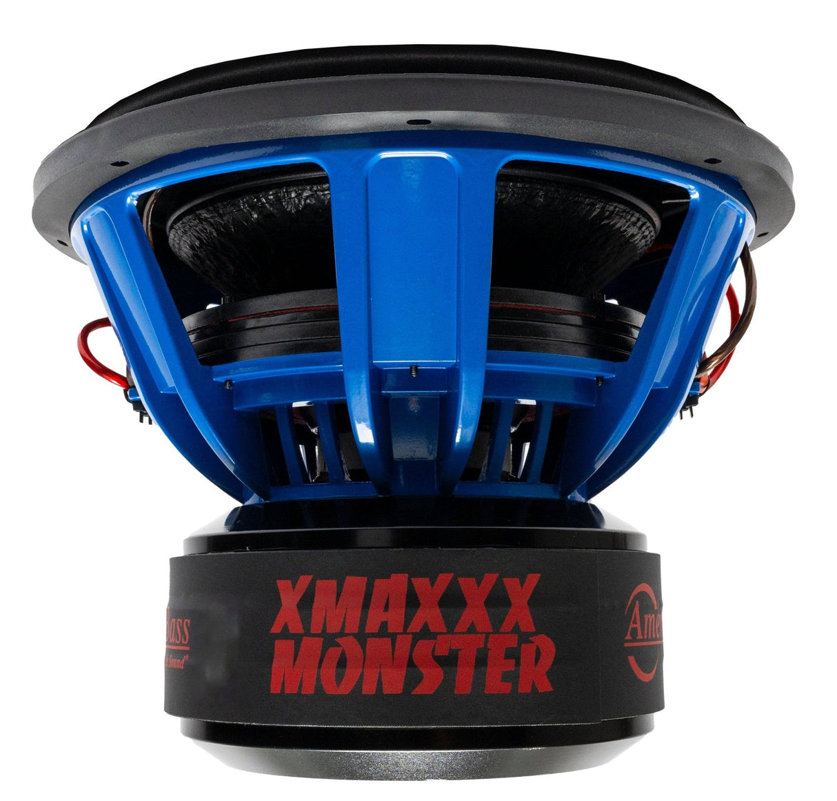 An American Bass XMAXXX Monster 15" subwoofer with a black basket and blue stitching.