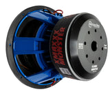 An American Bass XMAXXX Monster 15" subwoofer with a black basket and blue stitching.